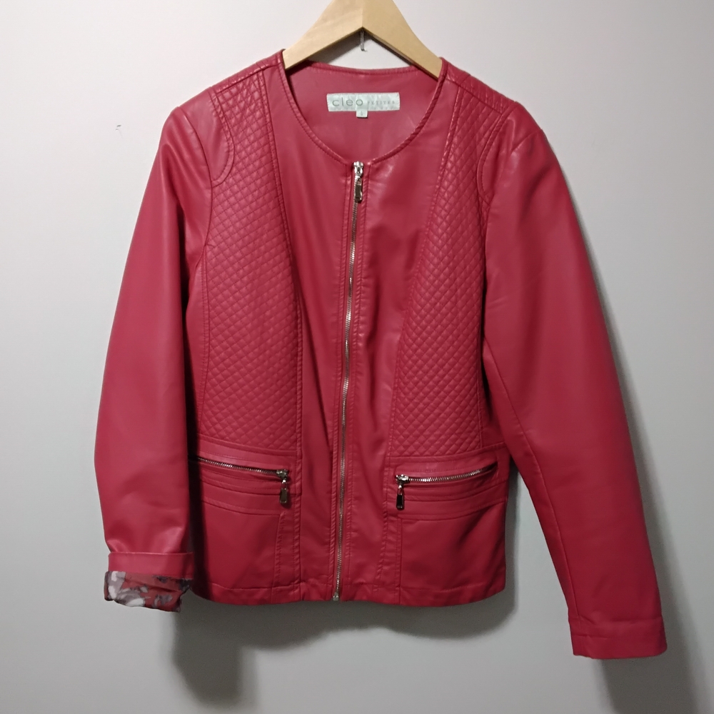 cleo Red Quilted Faux Leather Zip Jacket for Women